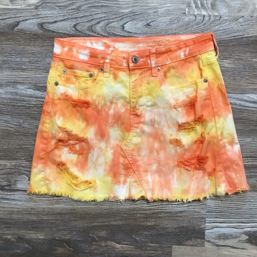American Eagle Distressed Denim Mini Skirt Custom Tie Dyed Yellow and Orange 0